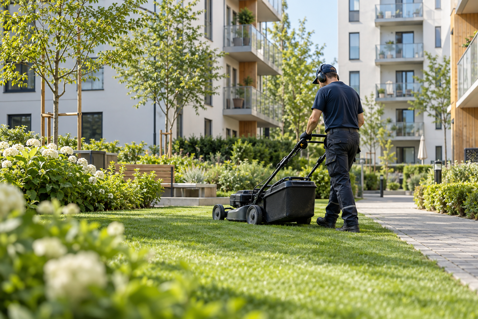 Professionell fastighetsskötare arbetar i en välskött bostadsmiljö